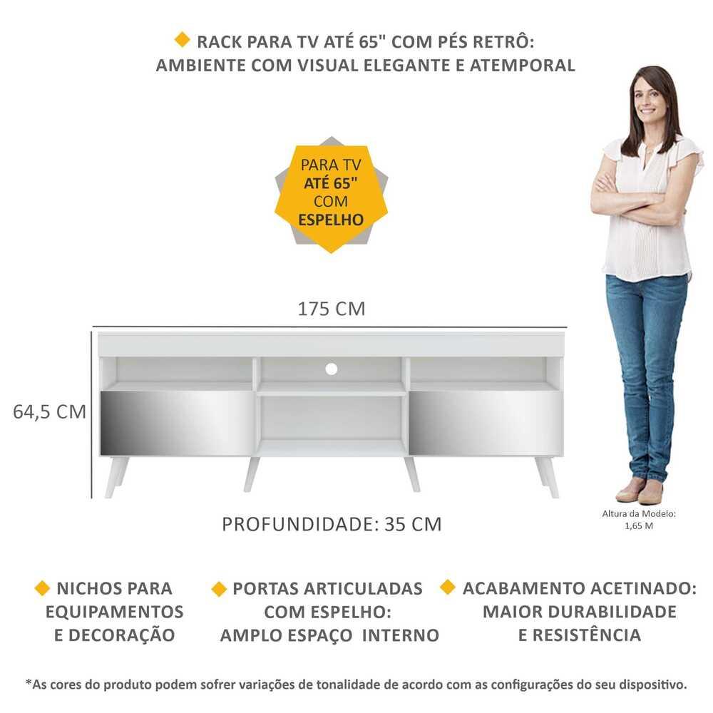 Rack TV 65" com Espelho, Pés Retrô e 2 Portas Paris Multimóveis Branco