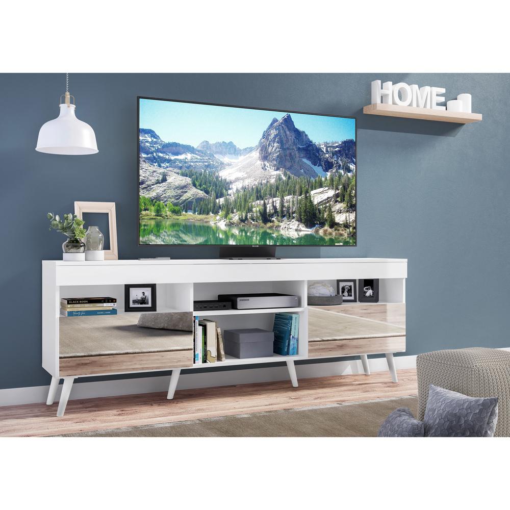Rack TV 65" com Espelho, Pés Retrô e 2 Portas Paris Multimóveis Branco