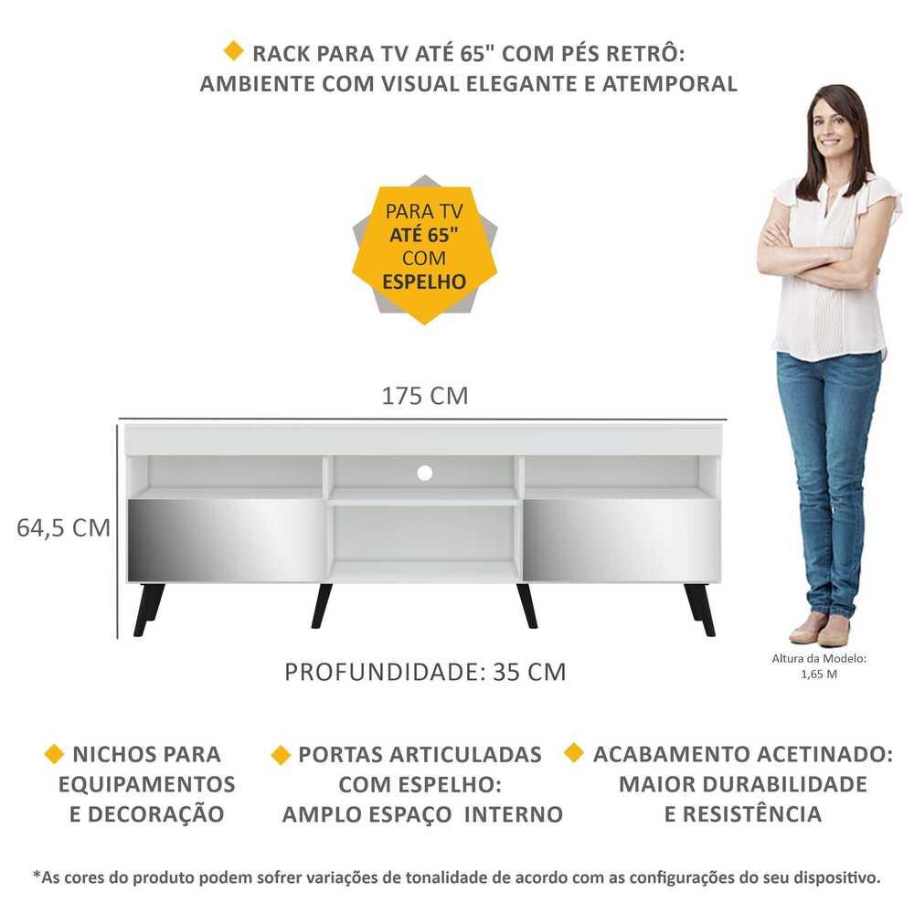 Rack TV 65" com Espelho, Pés Retrô e 2 Portas Paris Multimóveis Branco/Preto