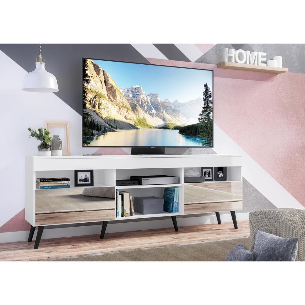 Rack TV 65" com Espelho, Pés Retrô e 2 Portas Paris Multimóveis Branco/Preto