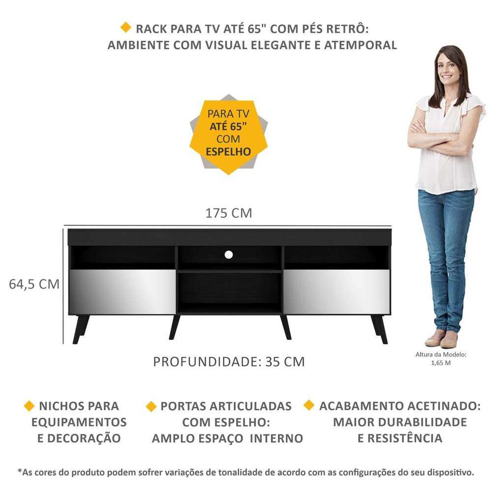 Rack TV 65" com Espelho, Pés Retrô e 2 Portas Paris Multimóveis Preto