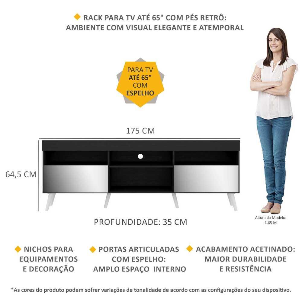 Rack TV 65" com Espelho, Pés Retrô e 2 Portas Paris Multimóveis Preto/Branco