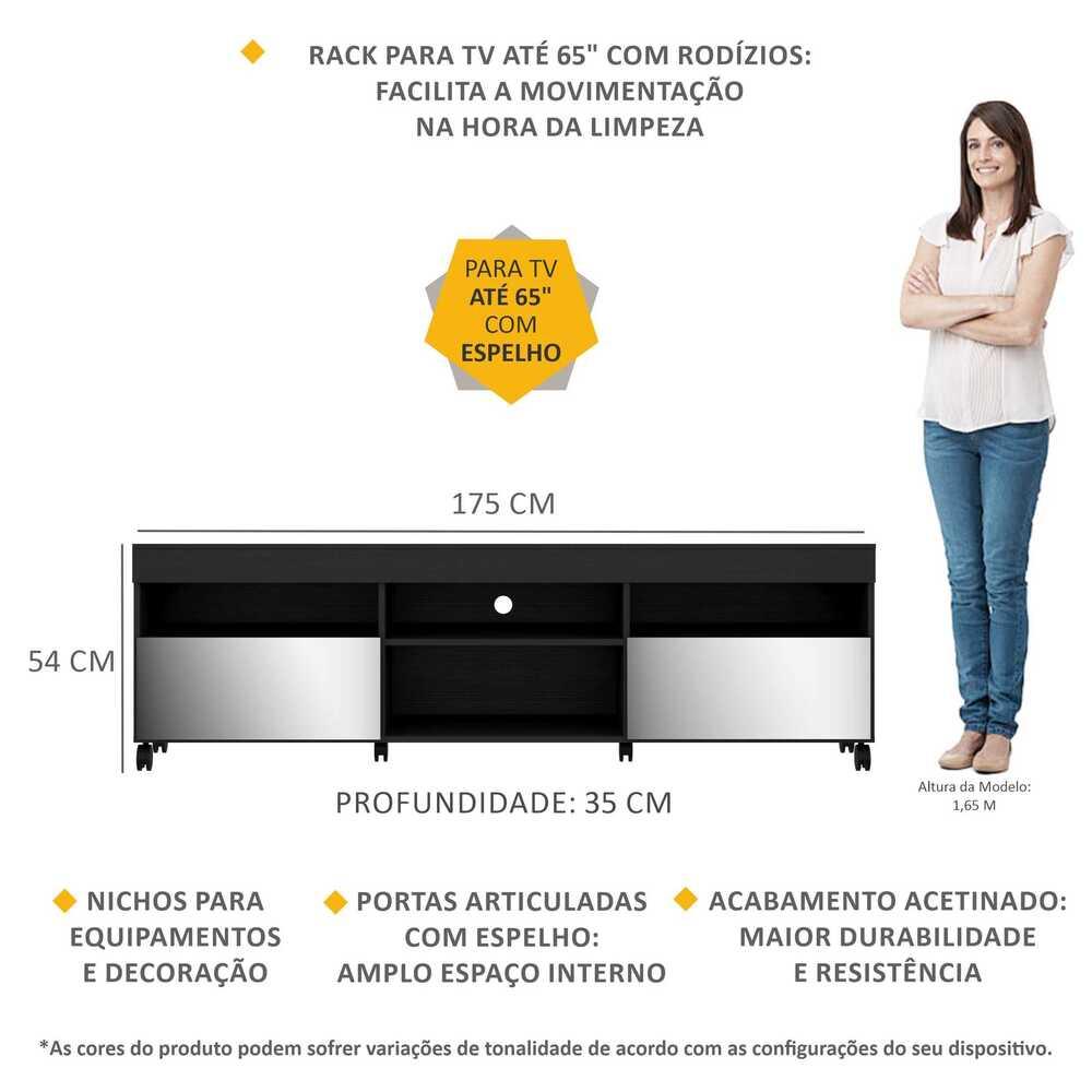 Rack TV 65" com Espelho, Rodízios e 2 Portas Paris Multimóveis Preto