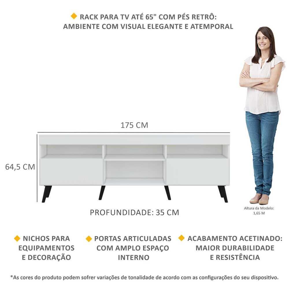 Rack TV 65" com Pés Retrô e 2 Portas Paris Multimóveis Branco/Preto