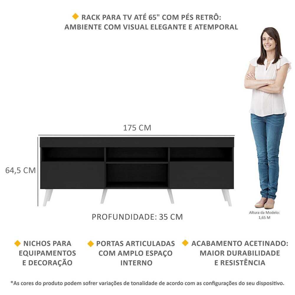 Rack TV 65" com Pés Retrô e 2 Portas Paris Multimóveis Preto/Branco