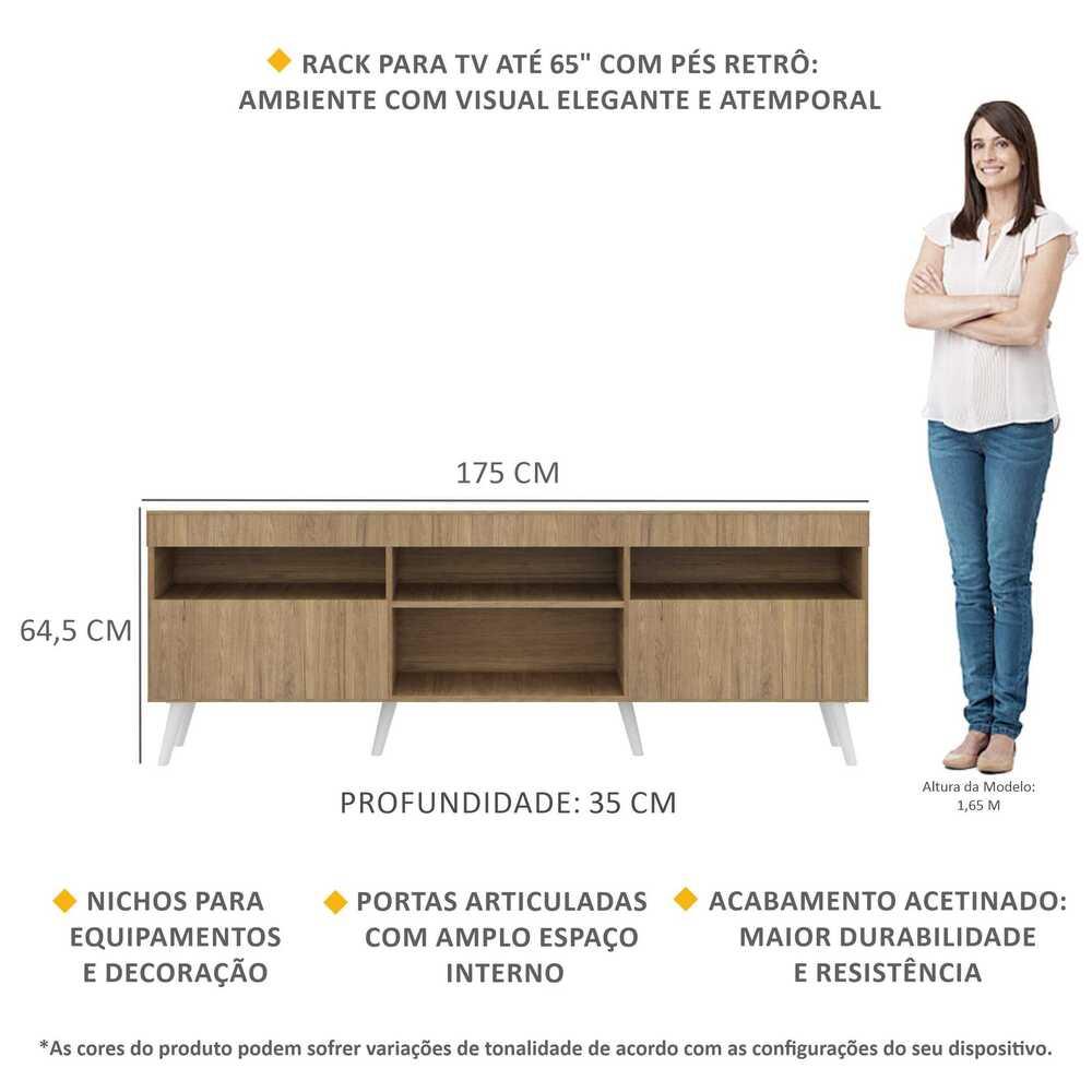 Rack TV 65" com Pés Retrô e 2 Portas Paris Multimóveis Rustic/Branco