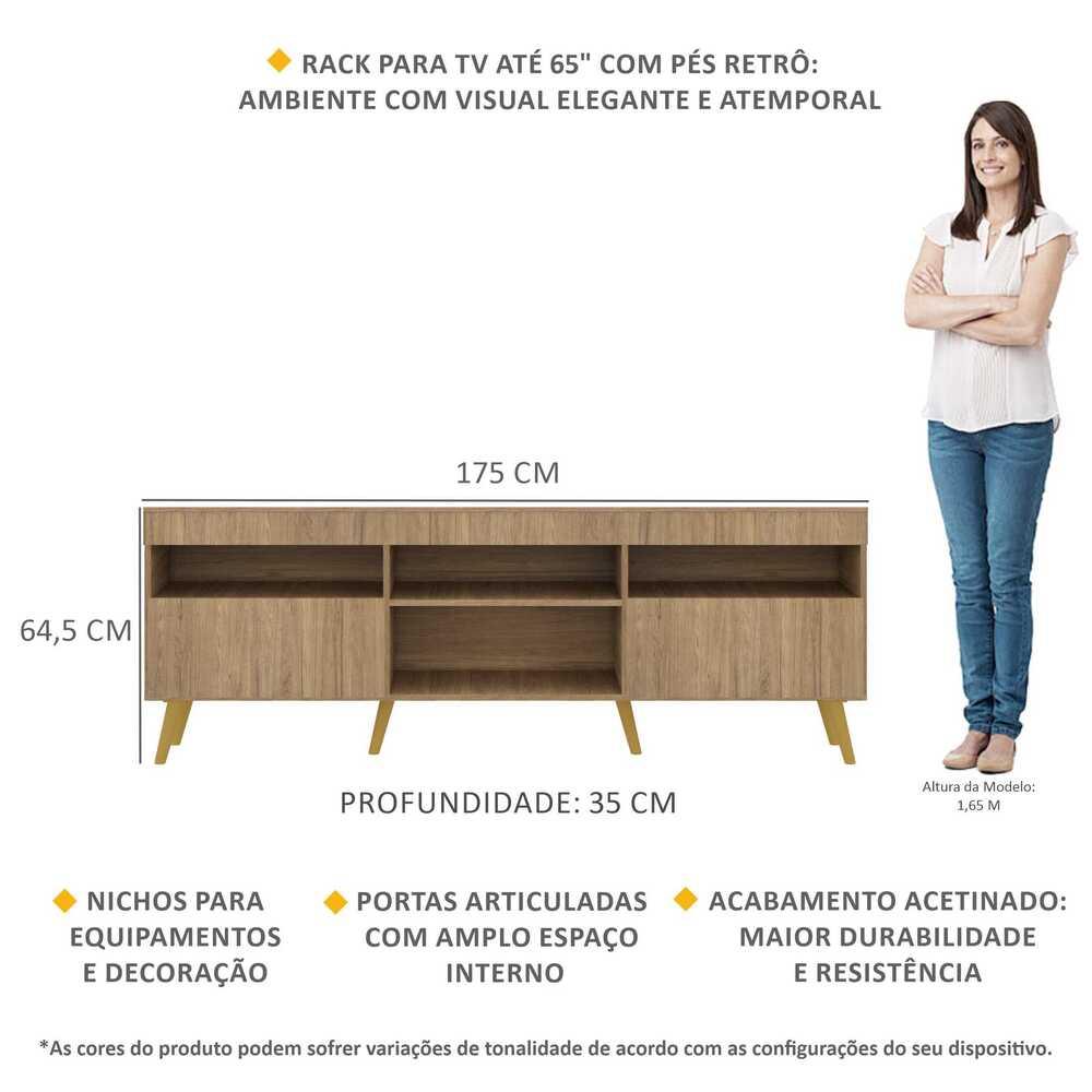 Rack TV 65" com Pés Retrô e 2 Portas Paris Multimóveis Rustic/Natural