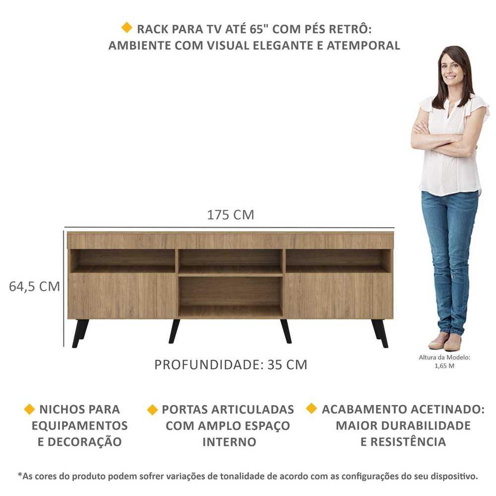 Rack TV 65" com Pés Retrô e 2 Portas Paris Multimóveis Rustic/Preto