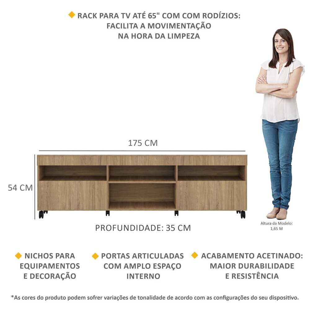 Rack TV 65" com Rodízios e 2 Portas Paris Multimóveis Rustic