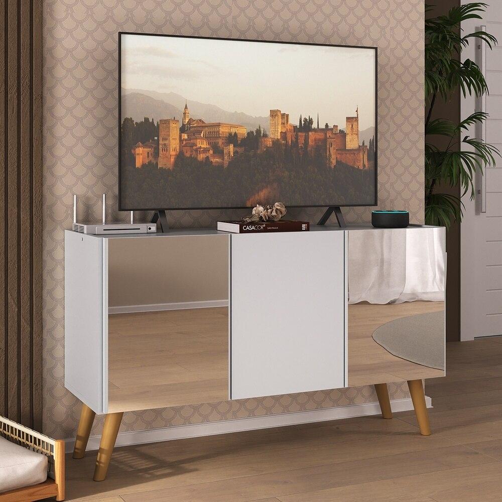 Rack TV até 32 Polegadas 3 Portas Retrô com Espelhos Multimóveis MP1078 Branco/Natural