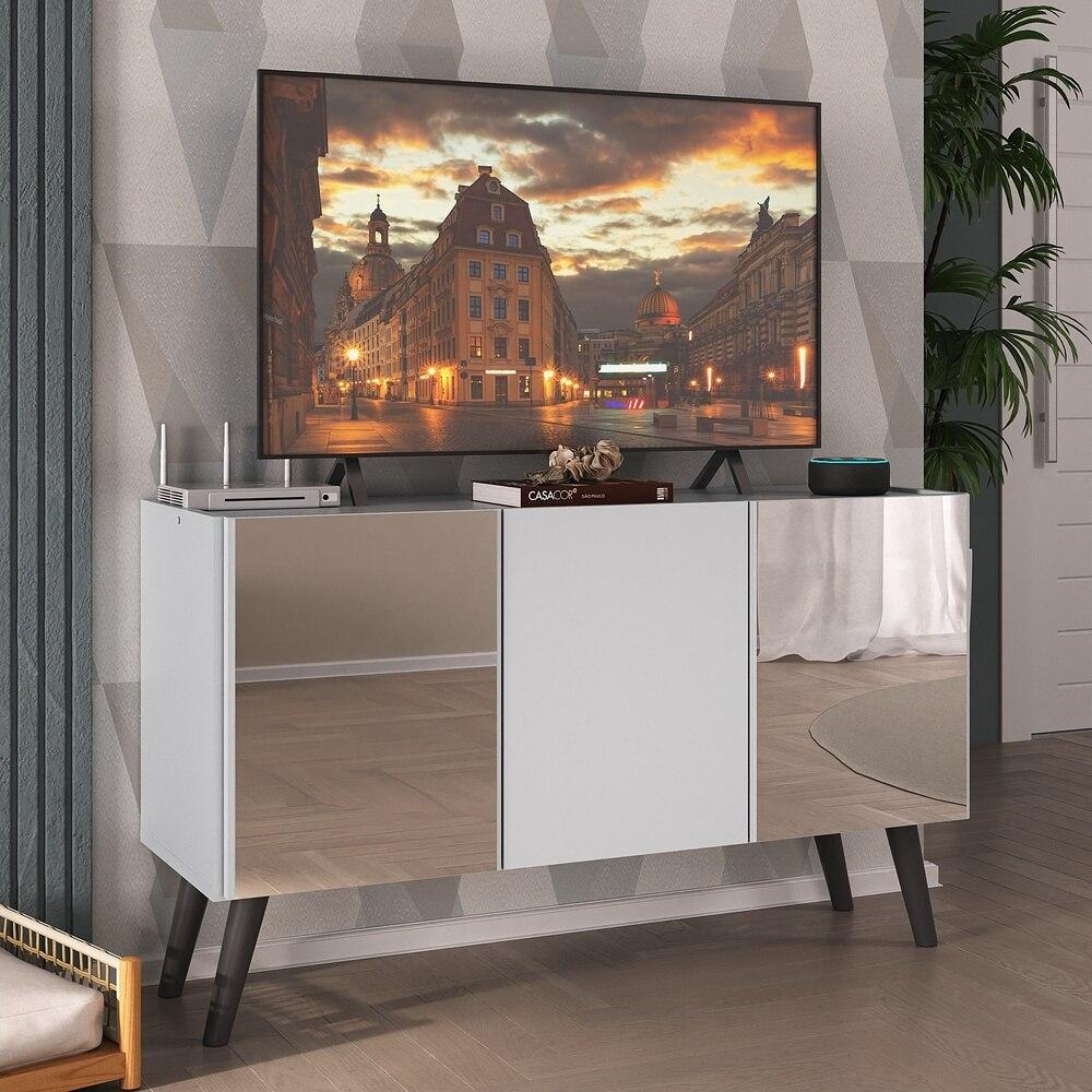 Rack TV até 32 Polegadas 3 Portas Retrô com Espelhos Multimóveis MP1078 Branco/Preto