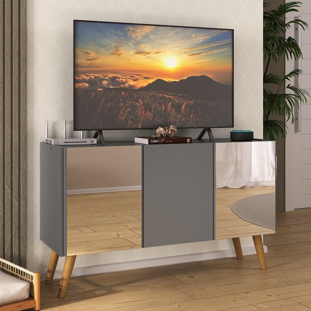 Rack TV até 32 Polegadas 3 Portas Retrô com Espelhos Multimóveis MP1078 Grafite/Natural