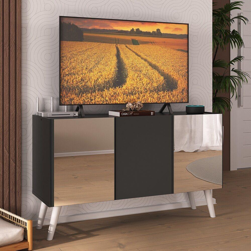 Rack TV até 32 Polegadas 3 Portas Retrô com Espelhos Multimóveis MP1078 Preto/Branco