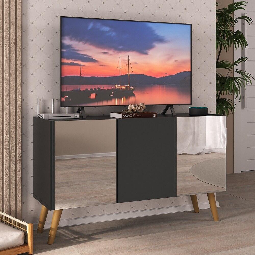 Rack TV até 32 Polegadas 3 Portas Retrô com Espelhos Multimóveis MP1078 Preto/Natural