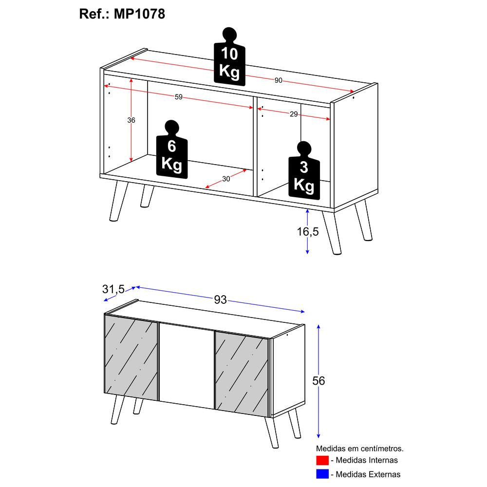 Rack TV até 32 Polegadas 3 Portas Retrô com Espelhos Multimóveis MP1078 Rustic/Branco