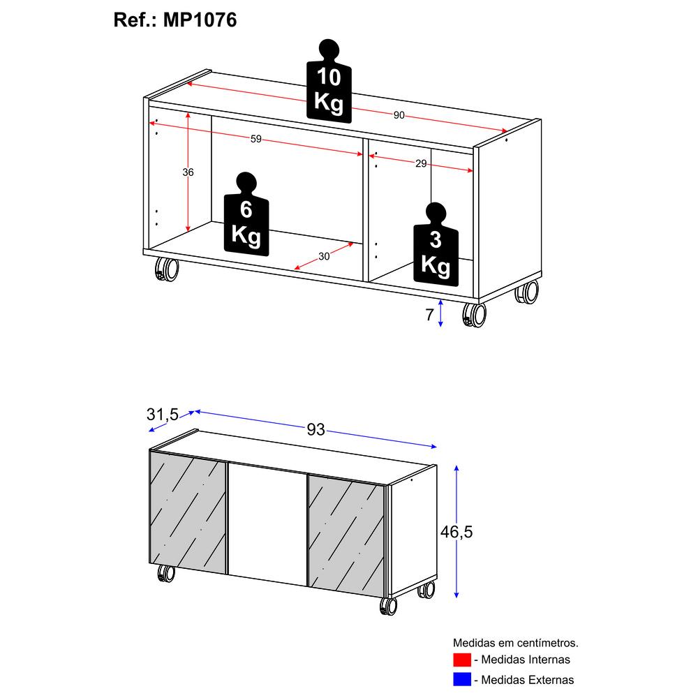 Rack TV até 32 Polegadas 3 Portas com Rodízios e Espelhos Multimóveis MP1076 Rustic