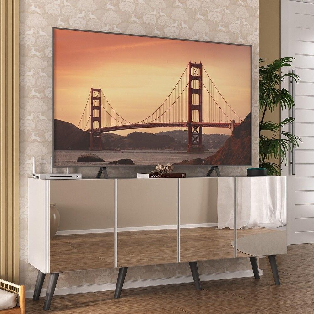 Rack TV até 50 Polegadas 4 Portas Retrô com Espelhos Multimóveis MP1082 Branco/Preto