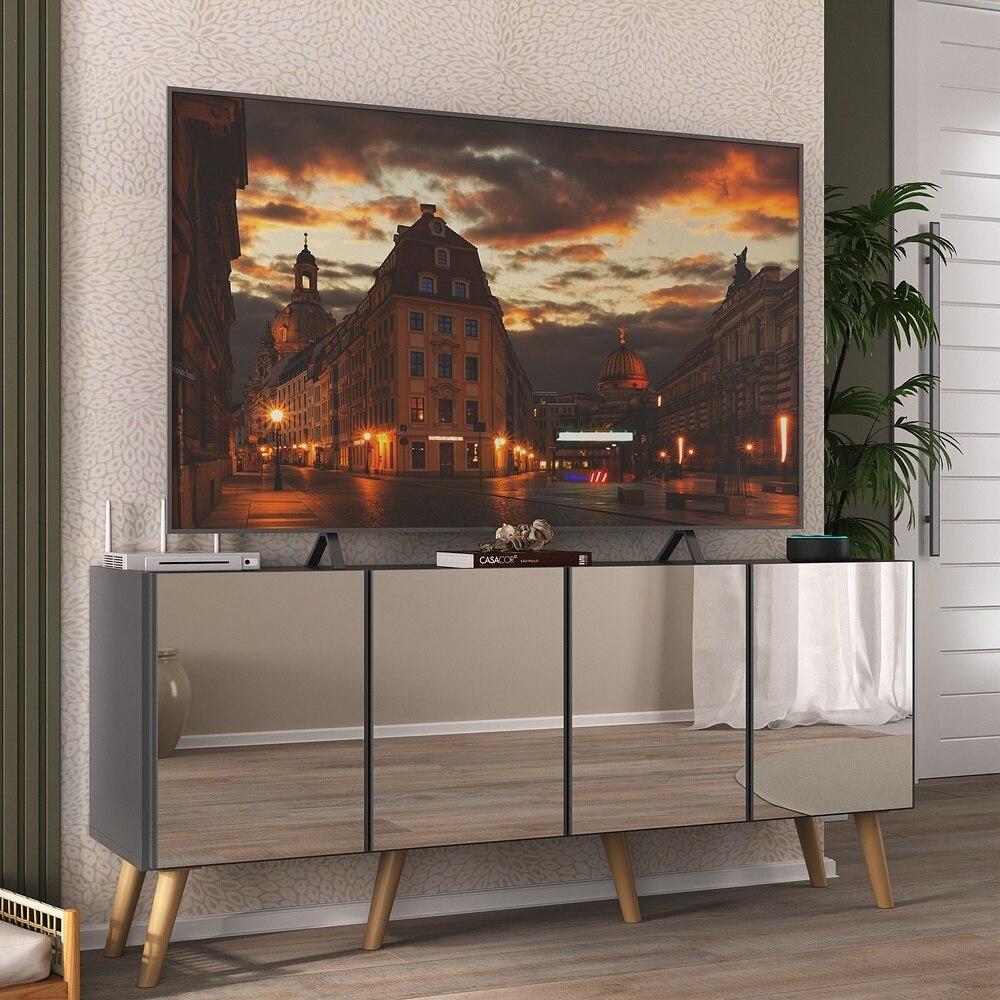 Rack TV até 50 Polegadas 4 Portas Retrô com Espelhos Multimóveis MP1082 Grafite/Natural