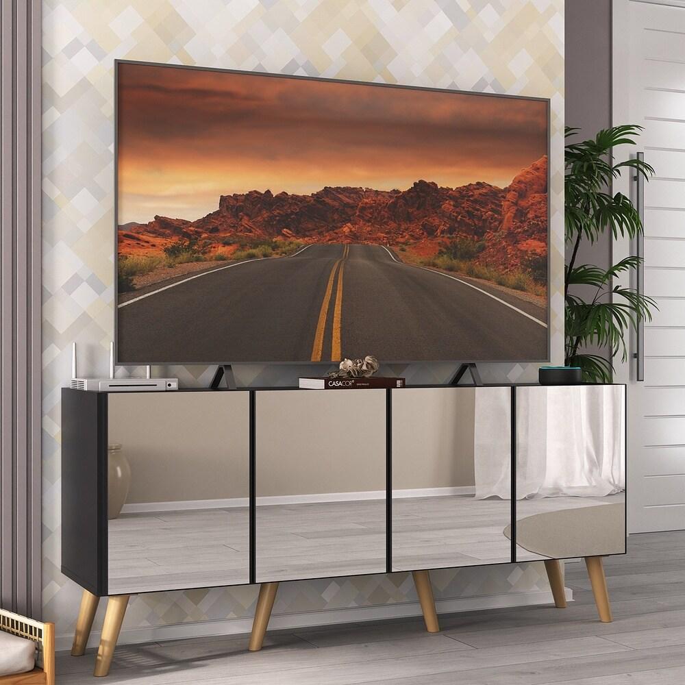 Rack TV até 50 Polegadas 4 Portas Retrô com Espelhos Multimóveis MP1082 Preto/Natural