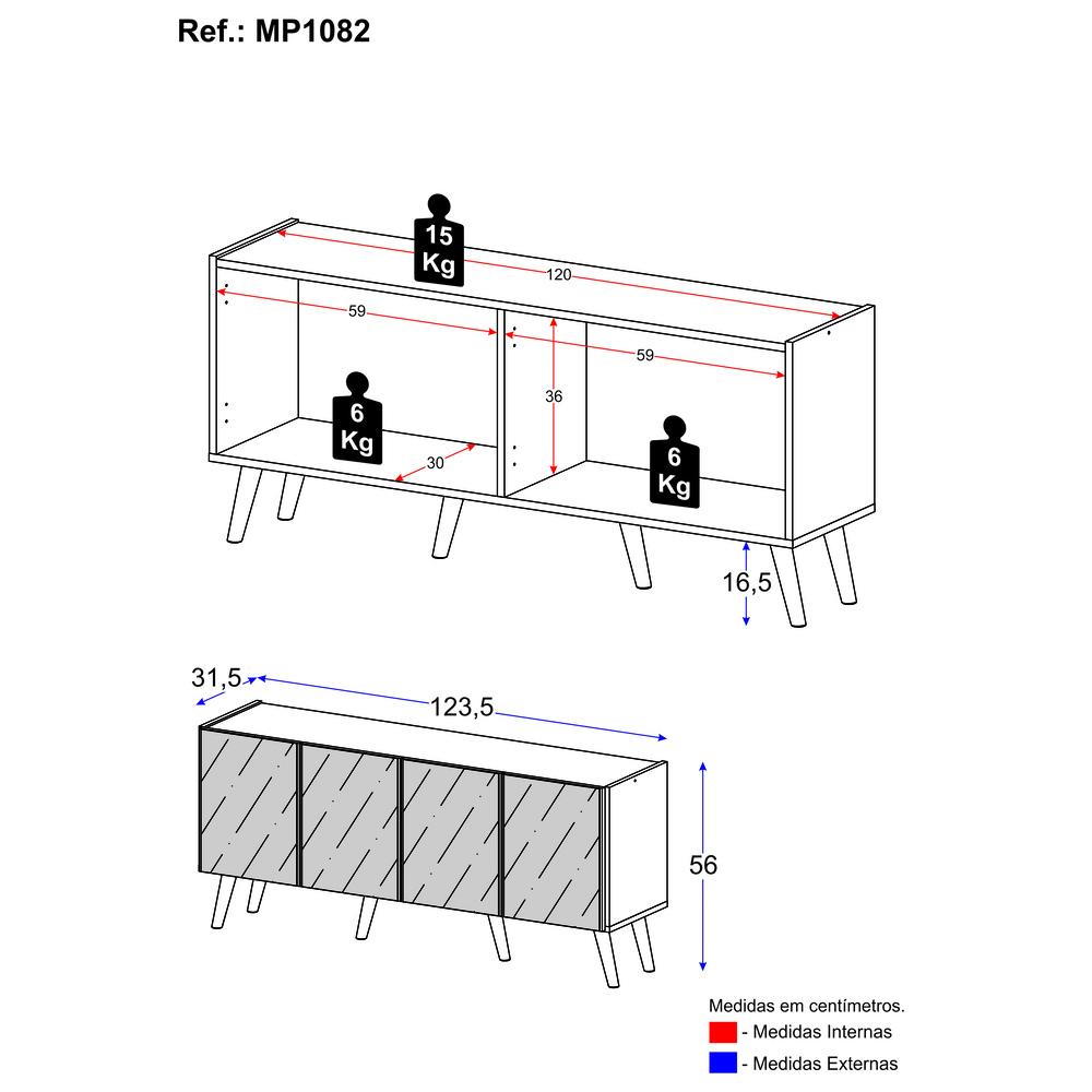 Rack TV até 50 Polegadas 4 Portas Retrô com Espelhos Multimóveis MP1082 Rustic/Branco