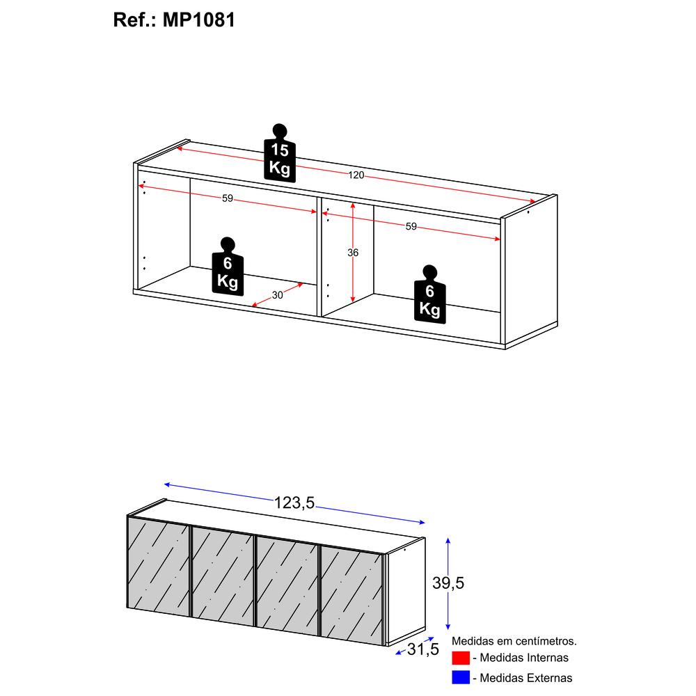 Rack TV até 50 Polegadas 4 Portas Suspenso com Espelhos Multimóveis MP1081 Rustic