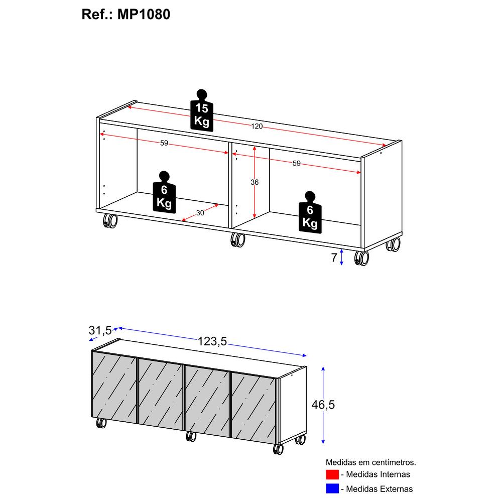 Rack TV até 50 Polegadas 4 Portas com Rodízios e Espelhos Multimóveis MP1080 Rustic