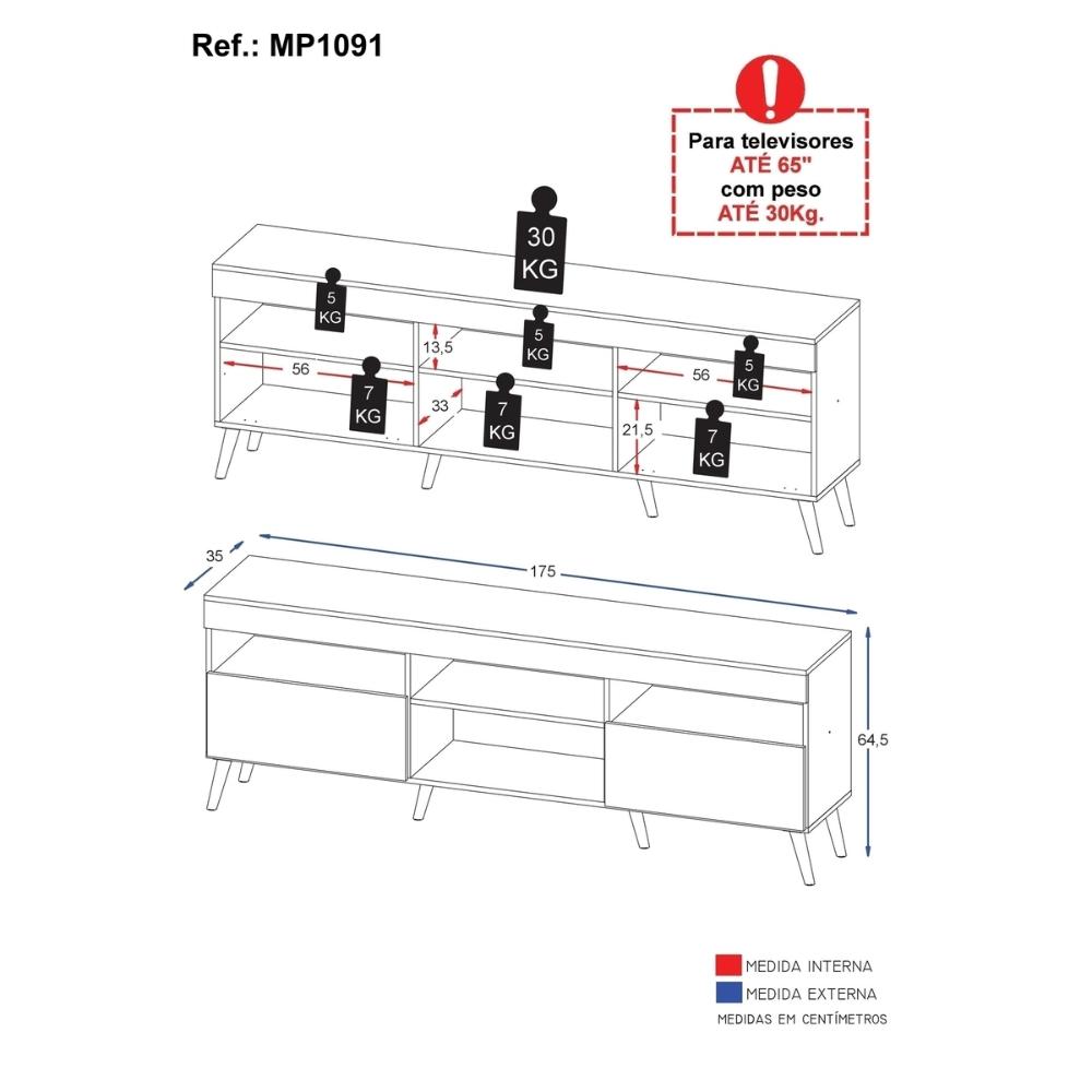 Rack TV até 65 Polegadas com Pés Retrô Multimóveis MP1091 Preto