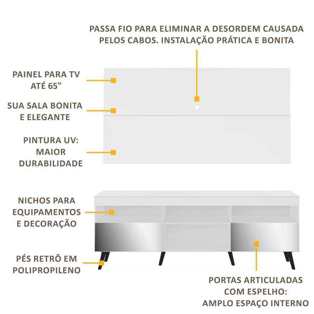 Rack c/ Painel P/TV 65", espelho e pés retrô Flórida Multimóveis Branco/Preto