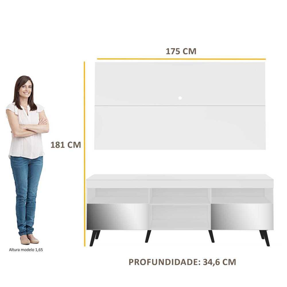Rack c/ Painel P/TV 65", espelho e pés retrô Flórida Multimóveis Branco/Preto
