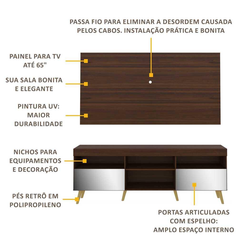 Rack c/ Painel P/TV 65", espelho e pés retrô Flórida Multimóveis Duna/Natural