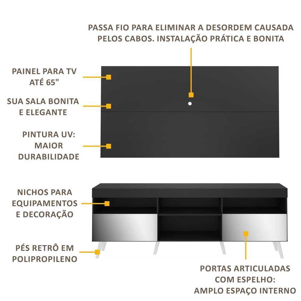 Rack c/ Painel P/TV 65", espelho e pés retrô Flórida Multimóveis Preto/Branco