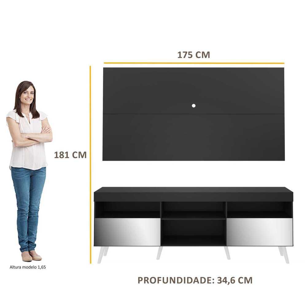 Rack c/ Painel P/TV 65", espelho e pés retrô Flórida Multimóveis Preto/Branco