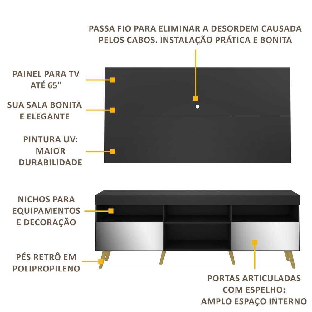 Rack c/ Painel P/TV 65", espelho e pés retrô Flórida Multimóveis Preto/Natural