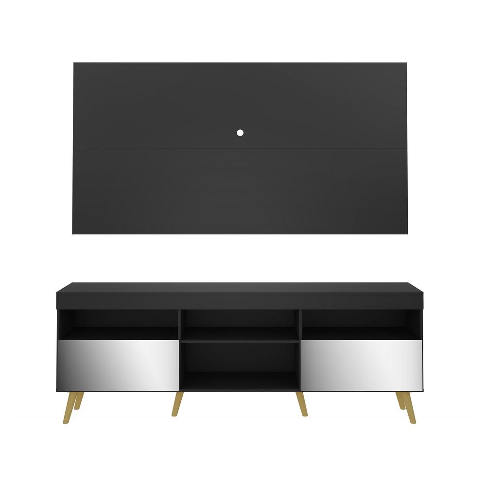 Rack c/ Painel P/TV 65", espelho e pés retrô Flórida Multimóveis Preto/Natural