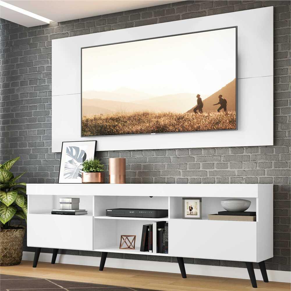 Rack c/ Painel P/TV até 65" e Pés Retrô Flórida Multimóveis  Branco/Preto