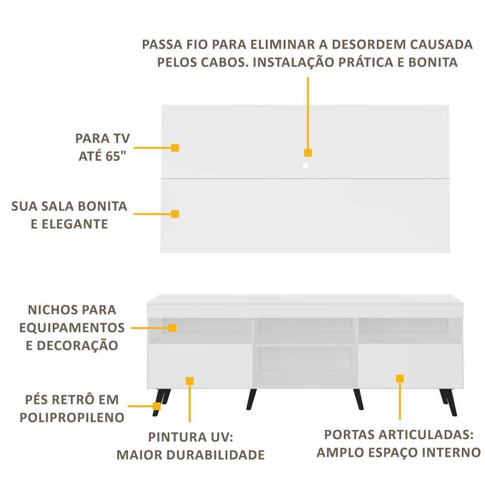 Rack c/ Painel P/TV até 65" e Pés Retrô Flórida Multimóveis  Branco/Preto