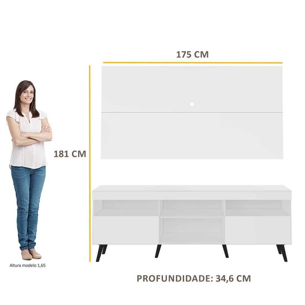 Rack c/ Painel P/TV até 65" e Pés Retrô Flórida Multimóveis  Branco/Preto