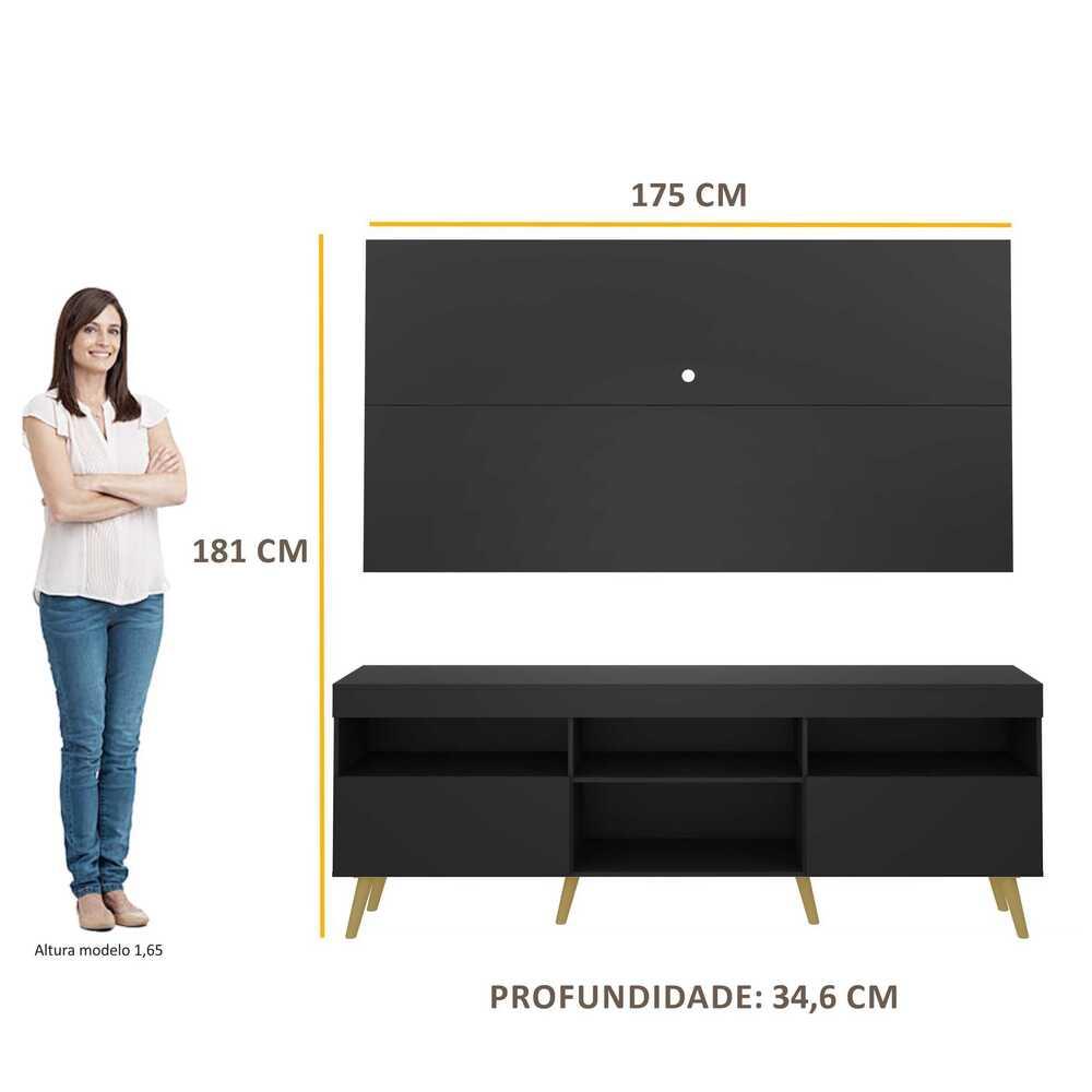 Rack c/ Painel P/TV até 65" e Pés Retrô Flórida Multimóveis Preto/Natural