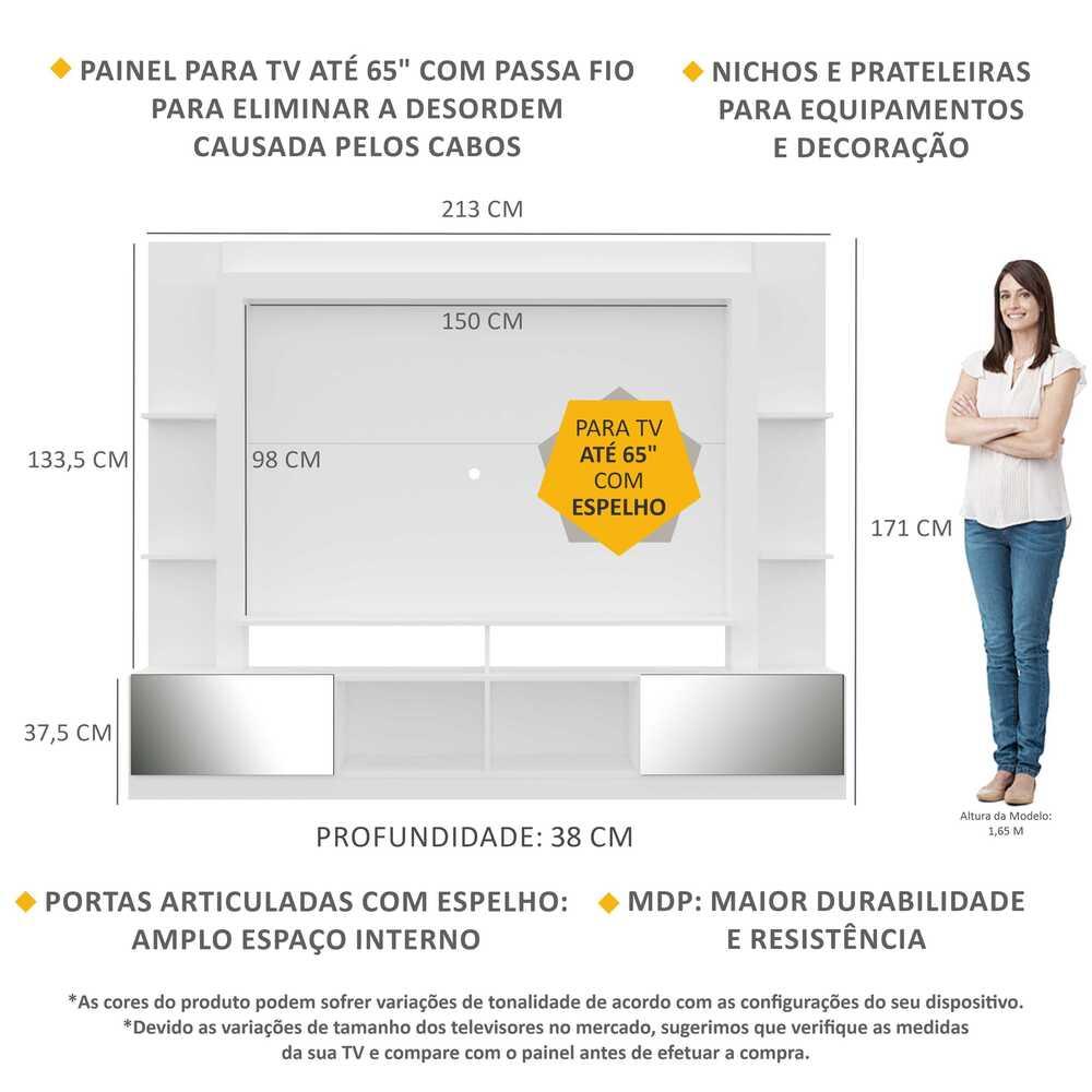 Rack c/ Painel TV 65" Portas c/ Espelho Oslo Multimóveis Branco/Lacca Fumê