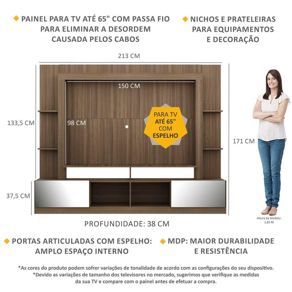 Rack c/ Painel TV 65" Portas c/ Espelho Oslo Multimóveis Madeirado/Lacca Fumê