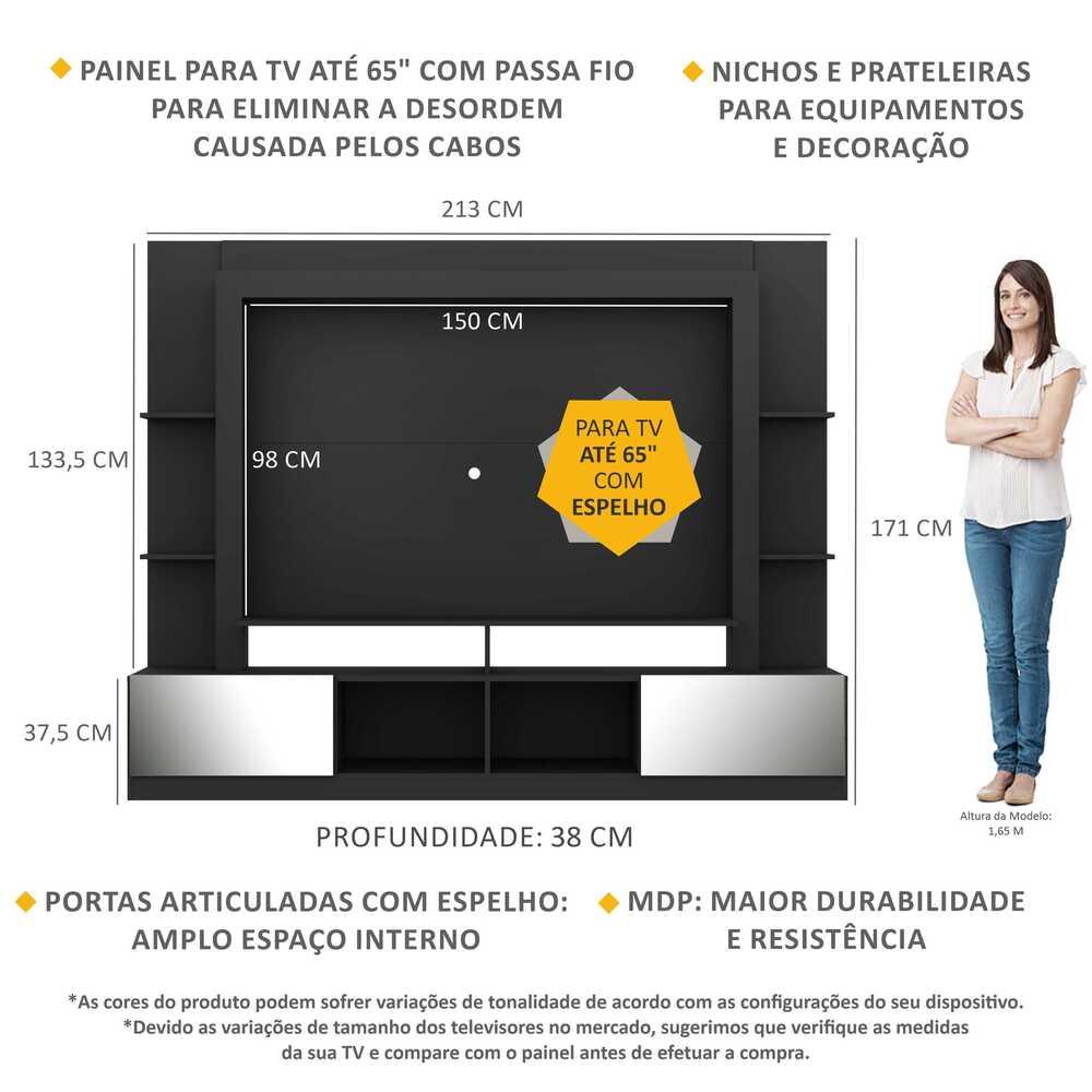 Rack c/ Painel TV 65" Portas c/ Espelho Oslo Multimóveis Preto/Madeirado