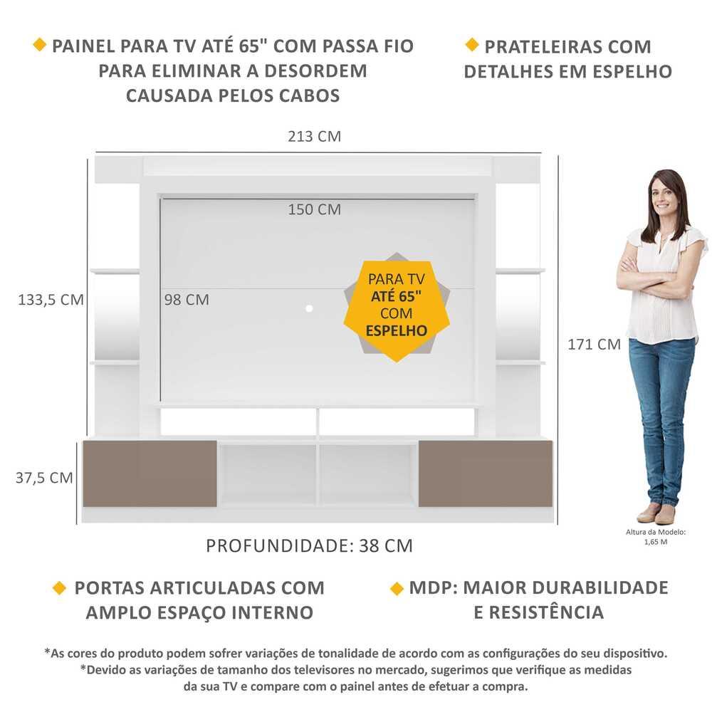 Rack c/ Painel TV 65" Prateleiras c/ Espelho Oslo Multimóveis Branco/Lacca Fumê
