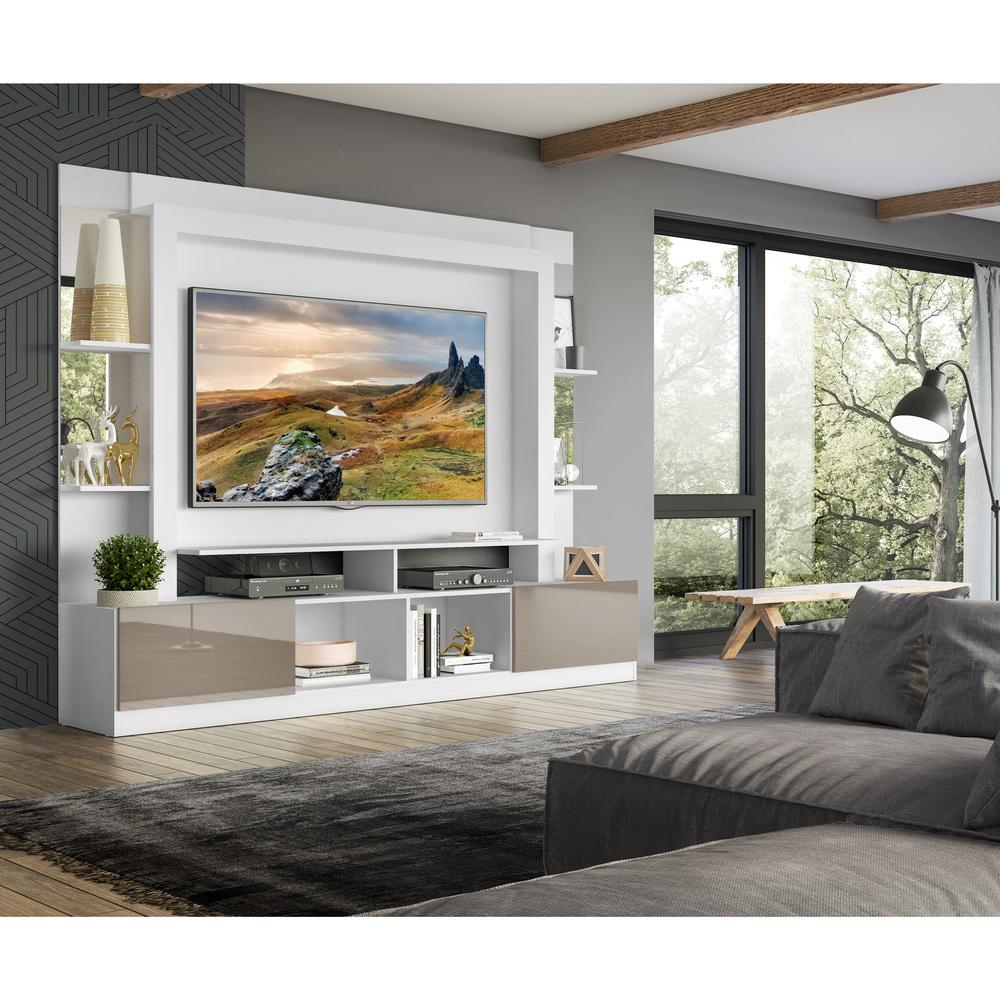 Rack c/ Painel TV 65" Prateleiras c/ Espelho Oslo Multimóveis Branco/Lacca Fumê