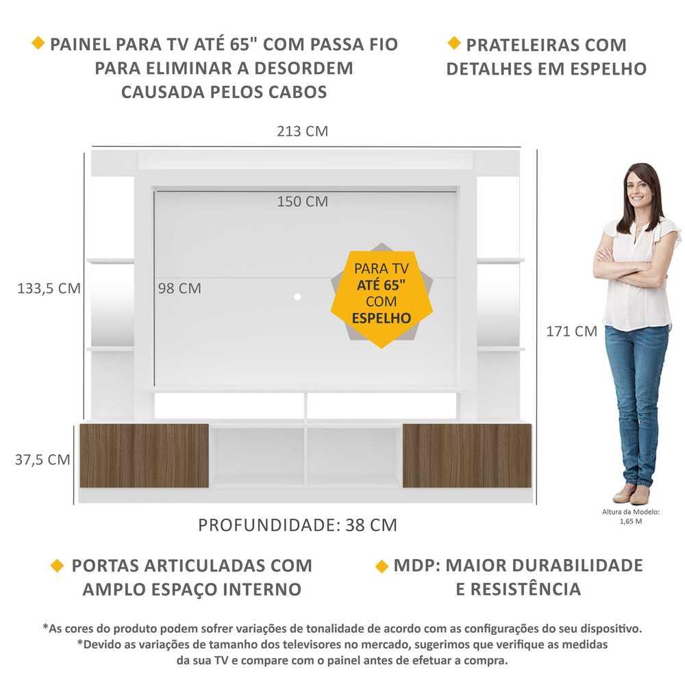 Rack c/ Painel TV 65" Prateleiras c/ Espelho Oslo Multimóveis Branco/Madeirado