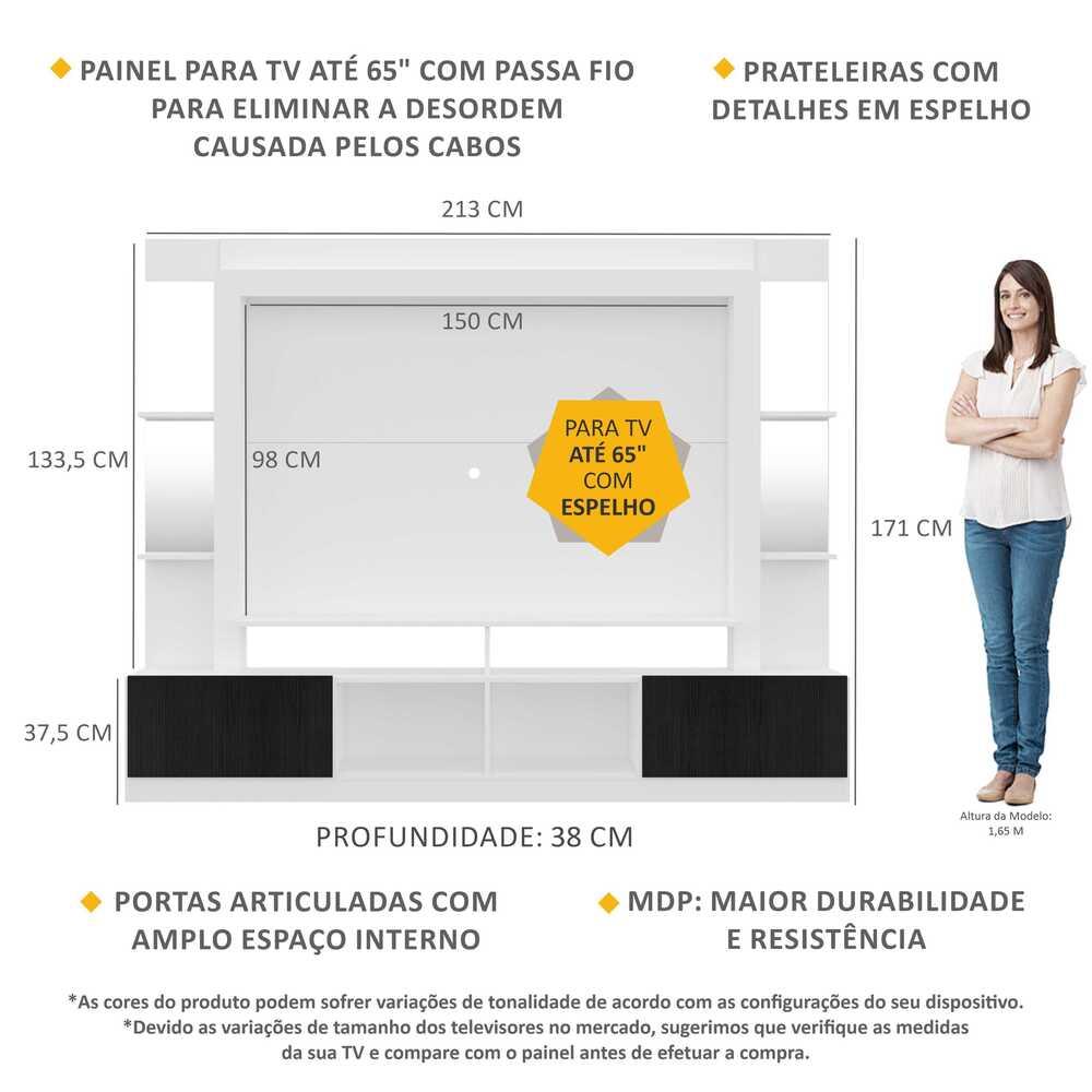 Rack c/ Painel TV 65" Prateleiras c/ Espelho Oslo Multimóveis Branco/Preto