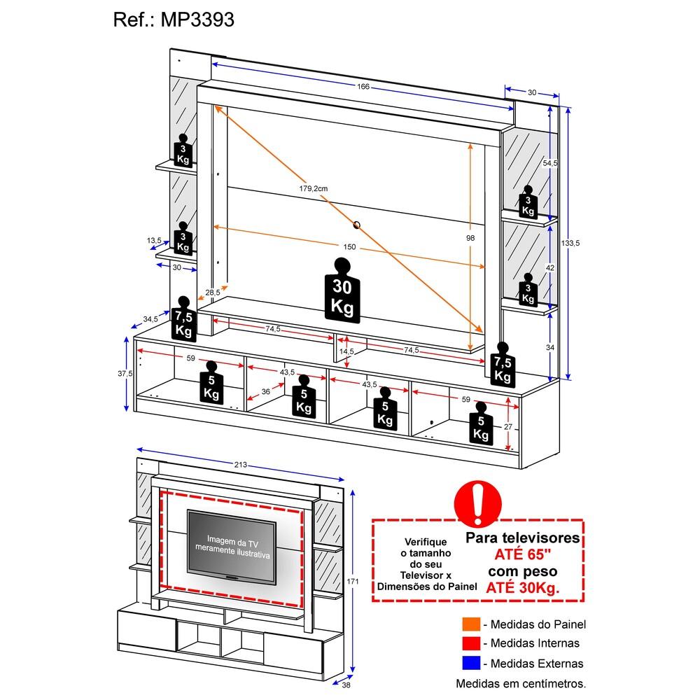 Rack c/ Painel TV 65" Prateleiras c/ Espelho Oslo Multimóveis Branco/Tenerife
