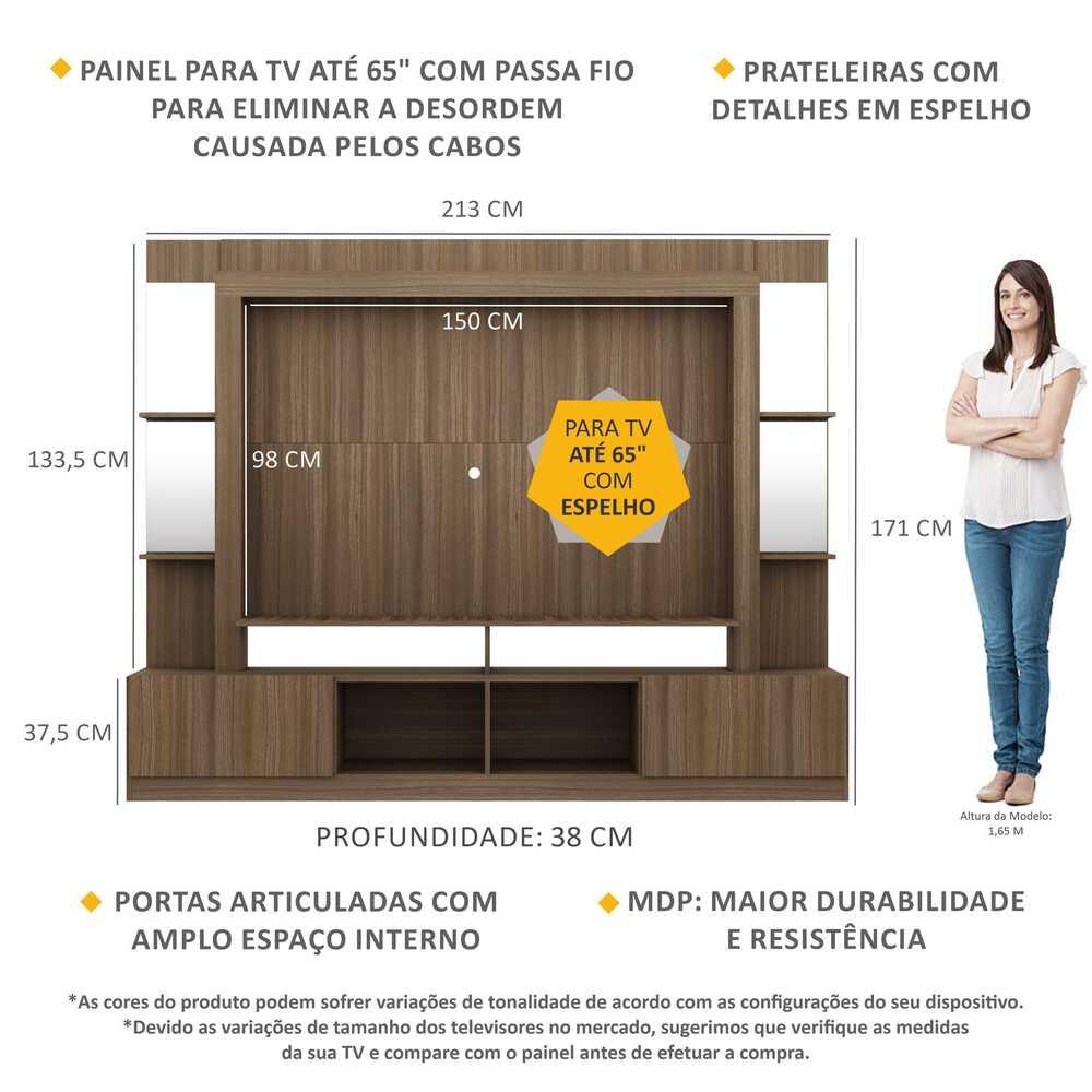 Rack c/ Painel TV 65" Prateleiras c/ Espelho Oslo Multimóveis Madeirado