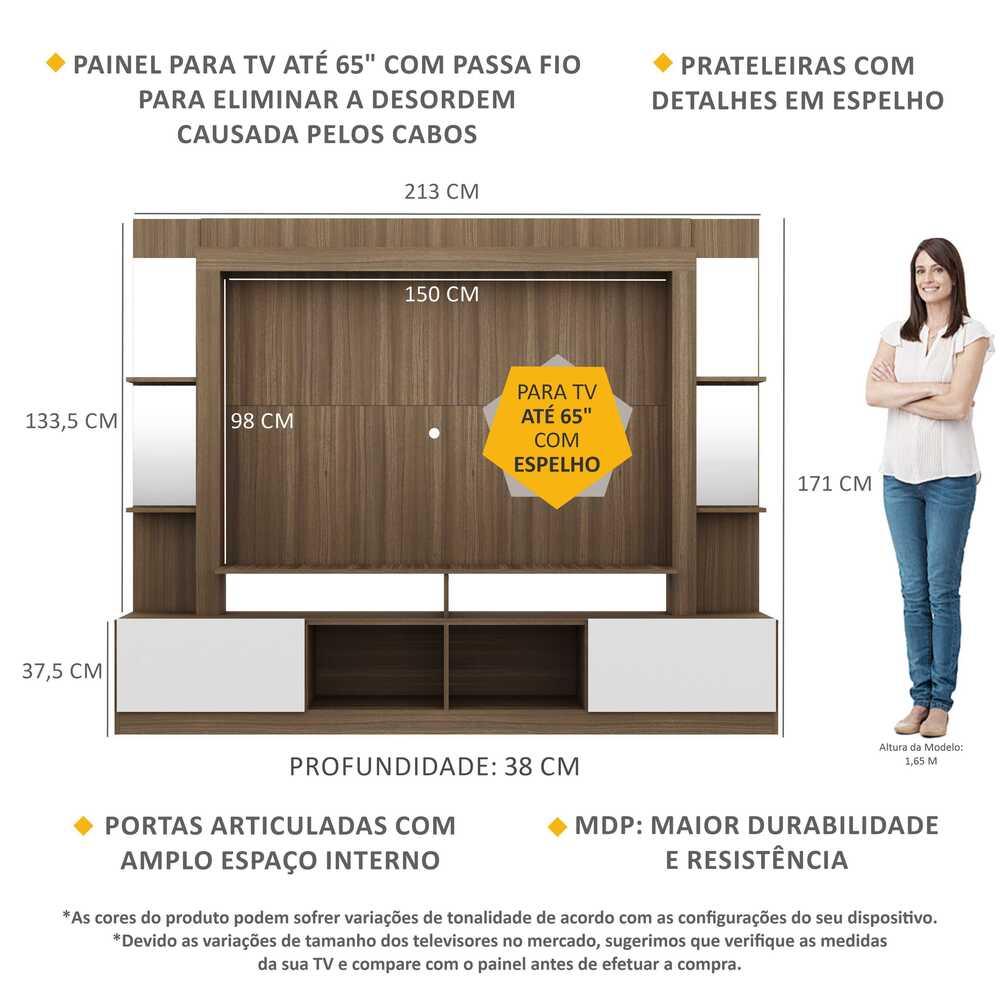 Rack c/ Painel TV 65" Prateleiras c/ Espelho Oslo Multimóveis Madeirado/Branco