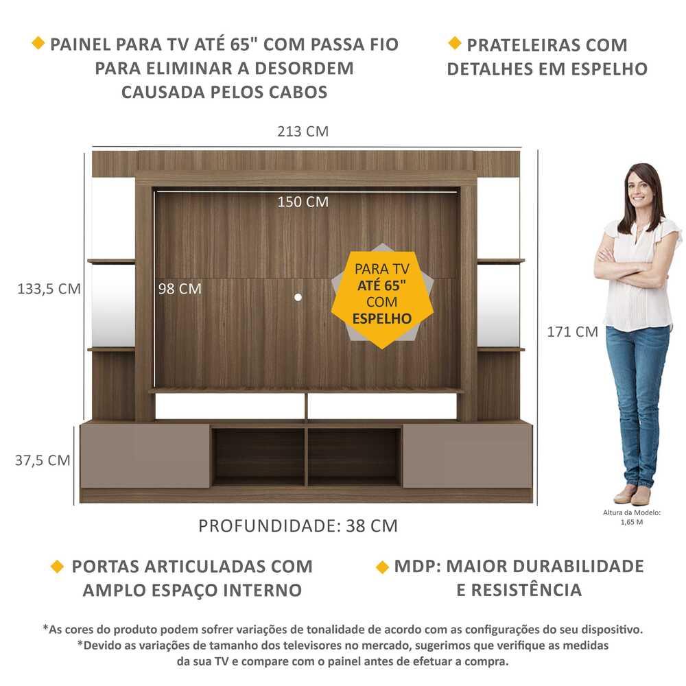 Rack c/ Painel TV 65" Prateleiras c/ Espelho Oslo Multimóveis Madeirado/Lacca Fumê