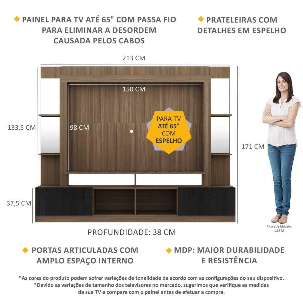 Rack c/ Painel TV 65" Prateleiras c/ Espelho Oslo Multimóveis Madeirado/Preto